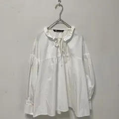 ZARA/ザラ　フリルカラー　リボンタイ　ブラウス　パフスリーブ　白【38】