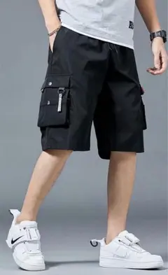 黒XLメンズハーフパンツ短パンポケット付きカーゴパンツシンプル 無地a5