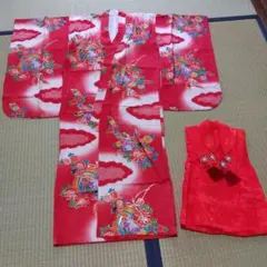 七五三用　赤い花柄着物と被布セット