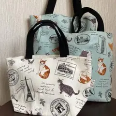 ハンドメイド　バッグ　ミニバッグ　猫柄　グリーン　ホワイト　3点