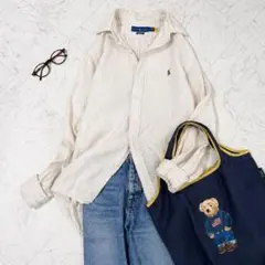 現行【ラルフローレン】リネンシャツ　長袖　ポニー刺繡　羽織り　ベージュ　メンズS