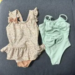 花柄・ミント色水着2点セット 80