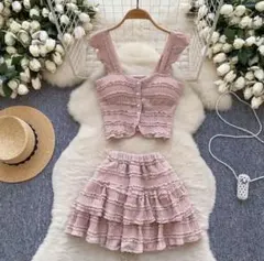 フリル セットアップ ピンク 韓国風 ガーリー 可愛い 夏コーデ