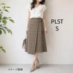PLST プラステ ラップ風 グレンチェック ミモレ丈スカート ブラウン Sのサムネイル