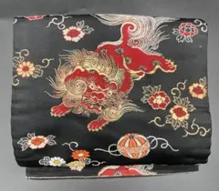 △名古屋帯 洒落帯　高級△ 正絹　獅子　黒地　大正ロマン　アンティーク　311
