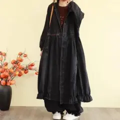 デニム ロングワンピース フード付き