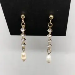 s925 天然淡水パールCZロングピアス