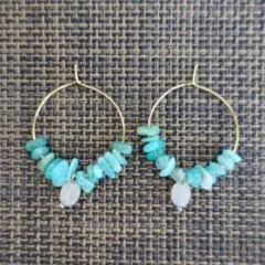 ハンドメイド　ターコイズ　フープ　ゴールド　ピアス　シンプル　さざれ