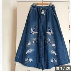 刺繍デニム　スーパーワイドデニムパンツ　ヴィンテージ　イージー　ゴム入り　鳥　花