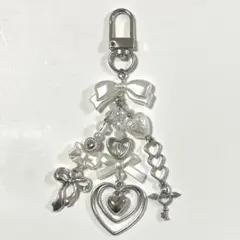 ビーズキーホルダー チャーム リボン ハート 白 韓国