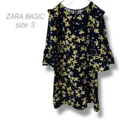【ザラベーシック】ZARA BASIC チュニックワンピース フリル 花柄 黒色