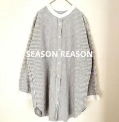LL　SEASONREASON　長袖シャツ　バンドカラー　ストライプ　水色　綿