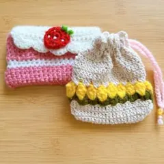 チューリップ柄巾着　ショートケーキ型ケース かぎ編み　ハンドメイド