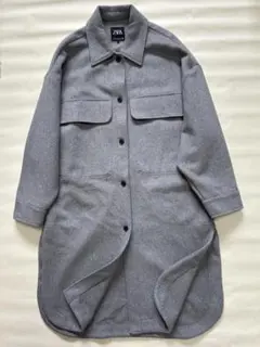 C174★新品同様ザラ ウールコートM大きいサイズ可L-XL女性用グレー ロング