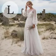 刺繍花柄レース ウェディングドレス 前撮りドレス マタニティドレス ワンピ L