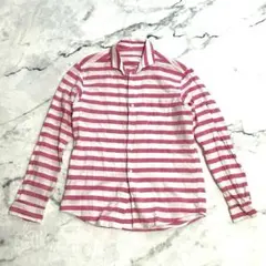 GU リネンブレンドボーダーシャツ 長袖　麻 綿 ピンク 白 メンズ M