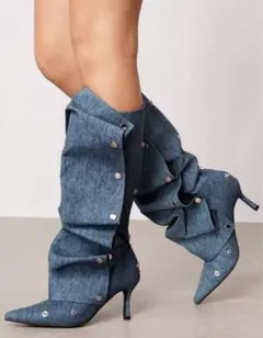 y2k❤︎デニムブルー プリーツ バックル デザインブーツ