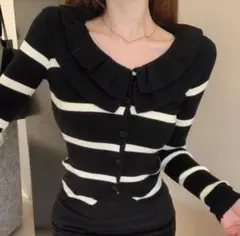 フリル付きストライプカーディガン