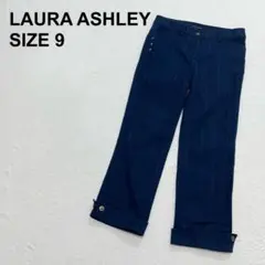 ローラアシュレイ　ストライプ　クロップドパンツ　ボタンデザイン　マリン（623）