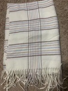 チェック柄マフラー フリンジ付き 白、ピンク、水色