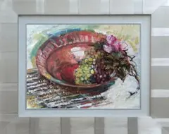 油絵 菅家令子絵画インテリア額付(青緑＋金色の枠)F4-110502静物画