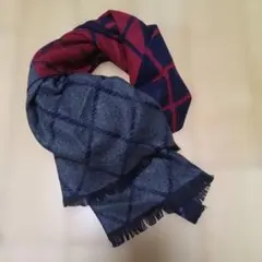 美品　シルク100%ストール　マフラー　グレー×紺×レッド　フリンジ付　メンズ