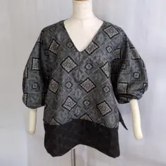 【着物リメイク】ワイドプルオーバー　大島紬　半袖　ハンドメイド　レディース