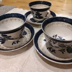 昭和レトロ　ニッコウ　青い花と鳥のカップ・ソーサー 3客セット