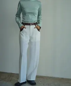 激安タグ付き【Aborアボア】ワッフル＆フェイクレザートリムパンツ　アイボリー白