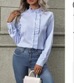 ストライプ フリル付き長袖シャツ