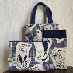 ハンドメイド　ミニバッグ　ポーチ　スマホショルダー　猫柄　紺色　3点セット