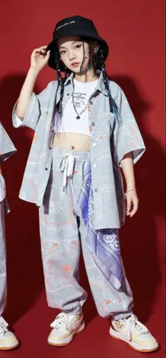 子供服 ダンス衣装 110 セットアップ デニム上下 ペイズリー柄 HIPHOP