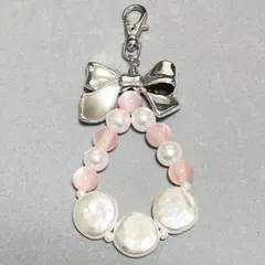 ♡リボン付き♡パールビーズストラップ　ピンク　白　ハンドメイド　Y2K 韓国