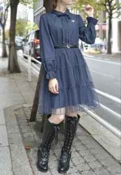 新品タグ付き　アクシーズファム　胸刺繍デニム×チュールワンピース　インディゴ