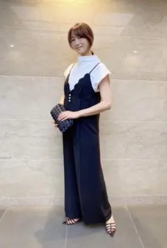 パールボタン付オールインワンサロペット　濃紺　STORY掲載