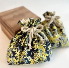 ミモザ　KOKKA 巾着　2点セット　ポーチ　水彩画風　紺色　ネイビー