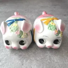豚の貯金箱 2点セット 陶器製　昭和レトロ　リボン青　黄色