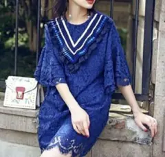 ☆【美品】ブルー レース パーティードレス