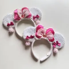 ディズニー　カチューシャ　イヤリング　白　ピンク　レース　ミニー　リボン　1つ