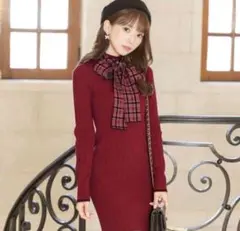 ミシェルマカロンチェックリボンニットワンピース