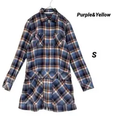 Purple&Yellow チェック シャツワンピ 長袖 Aライン ひざ丈 S