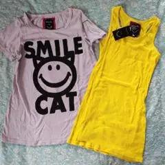 新品 レディース M SMILE CAT猫♪T シャツ& タンクトップ2枚セットのサムネイル