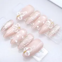 【343】ネイルチップSサイズ ベージュピンクマグネット ハートチェック3D花柄