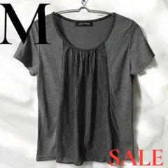 「即日発送」Mグレー 半袖フリルシャツブラウストップス ストライプ