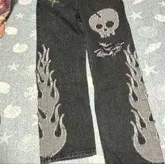スカル刺繍 ブラックデニムパンツ　リメイク