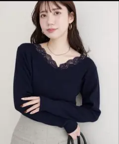 ナチュラルクチュール アシメレースネックリブニットプルオーバー