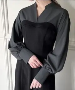 JUNOAHシャツドッキングベアワンピース　異素材ドッキングワンピース 黒グレー