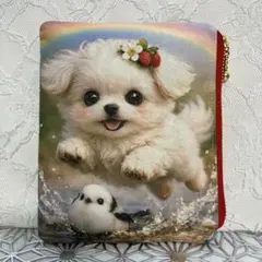 お花畑のポメラニアンちゃんパネルのふんわりファスナーポーチ15②