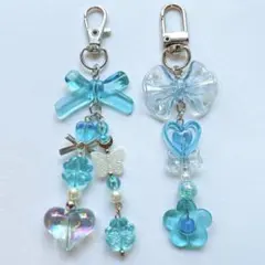 ビーズキーホルダー コレクトブック 水色 リボンハート クローバー 推し活2点