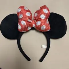 ミニーカチューシャ 赤い水玉リボン　スパンコール